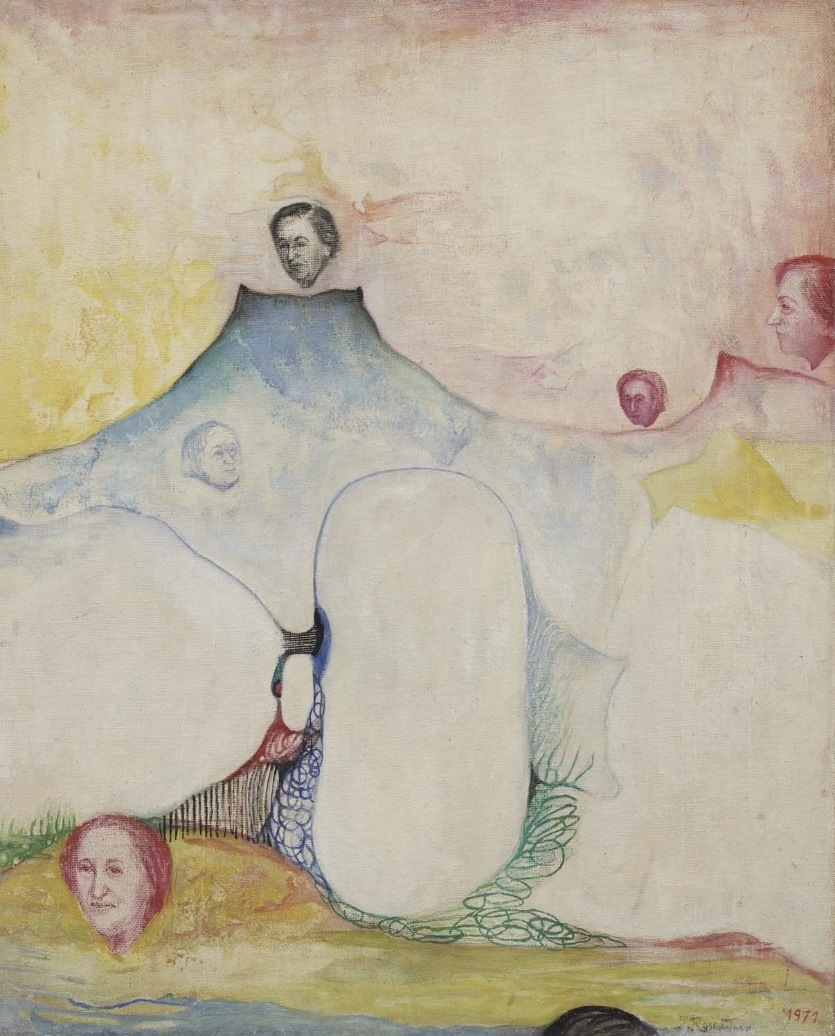 Separate Season by Erna Rosenstein, with abstract pastel forms and faces