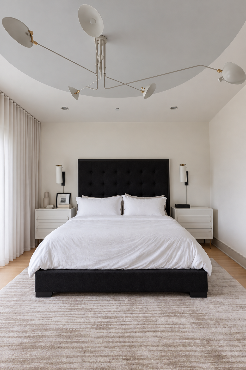 Before: the room’s original bed, lighting, and furnishings.