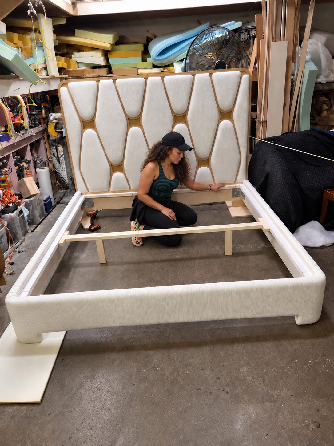Mandy Velus with the assembled custom bed. Image composite.