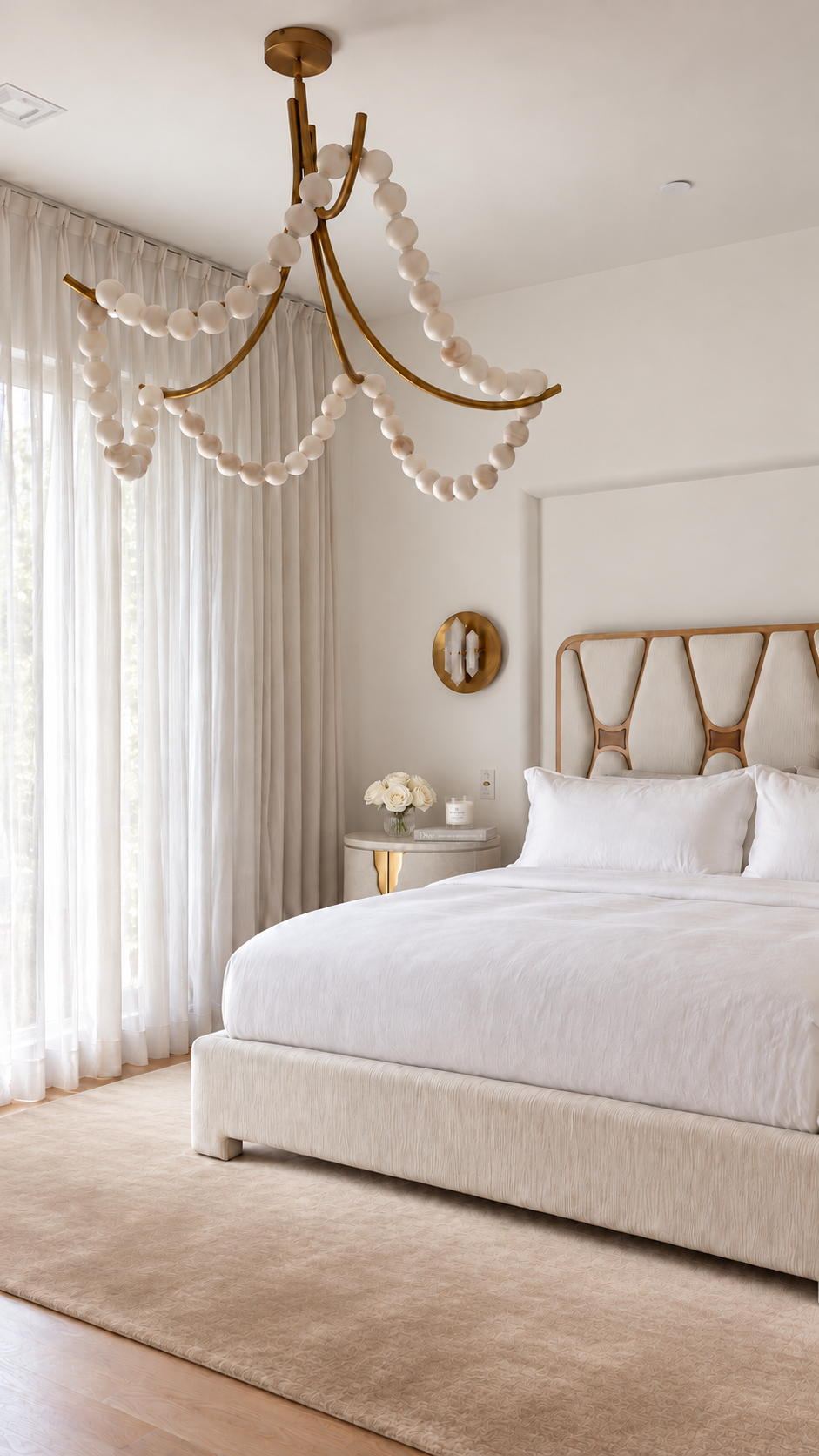 A custom ivory bed with warm wood detailing in a white bedroom