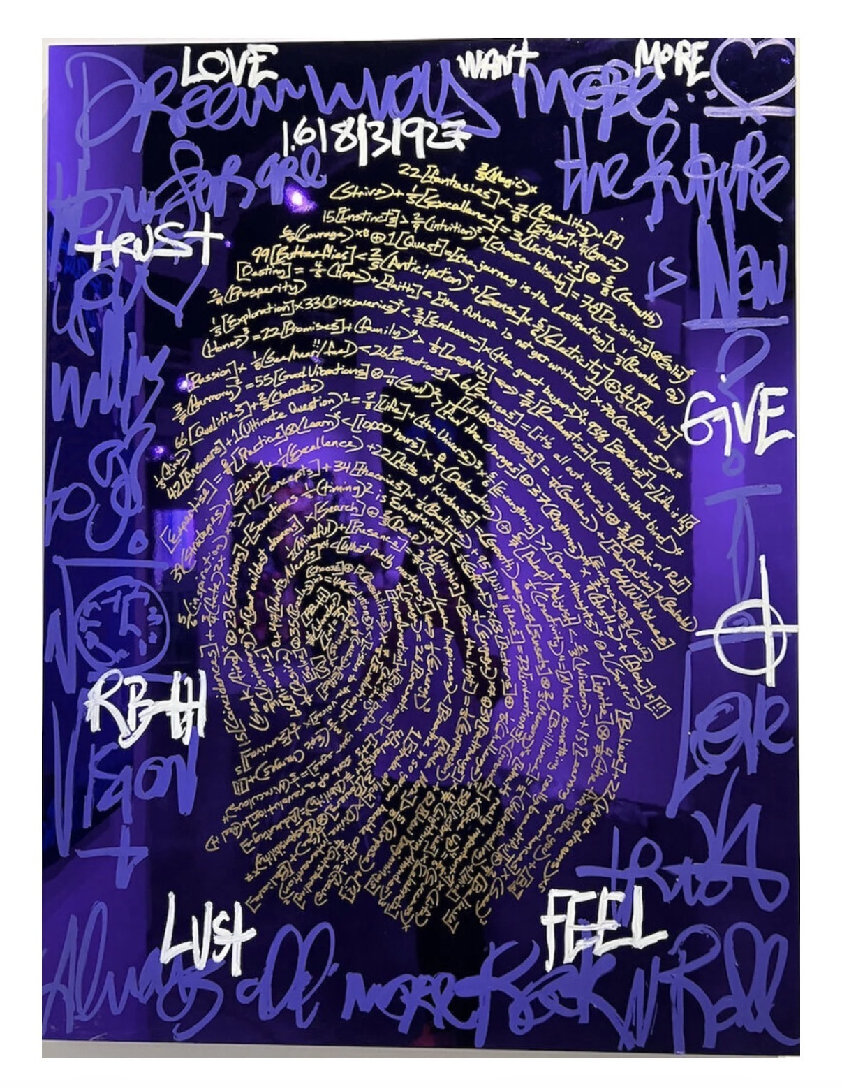 Expressive fingerprint artwork in gold, blackberry, and violet