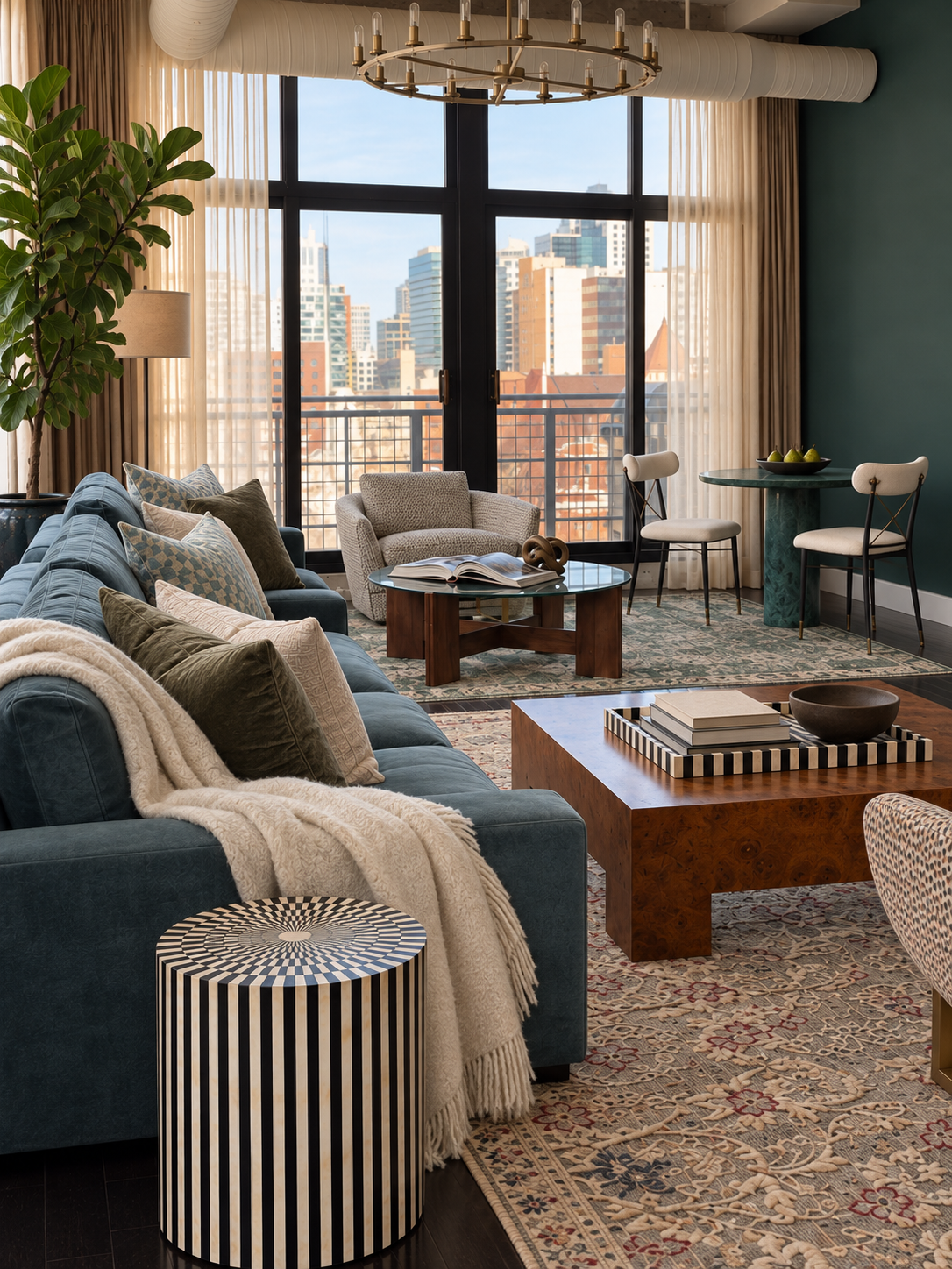 Furnished Chicago loft living room with a gray sofa, patterned rug, custom drapery and wood tables
