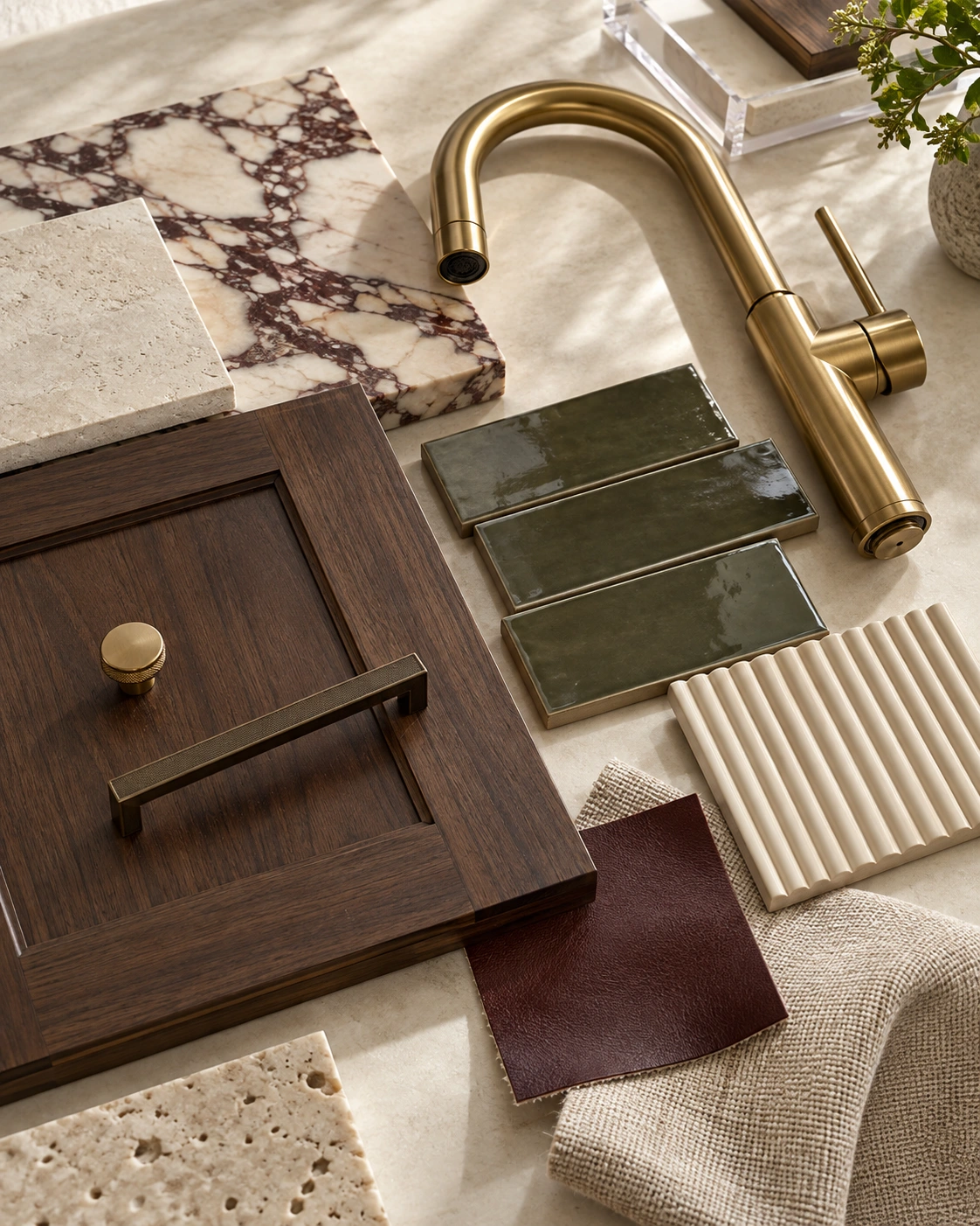 Concept finish palette with walnut, olive tile, stone, textiles, and brass fixtures