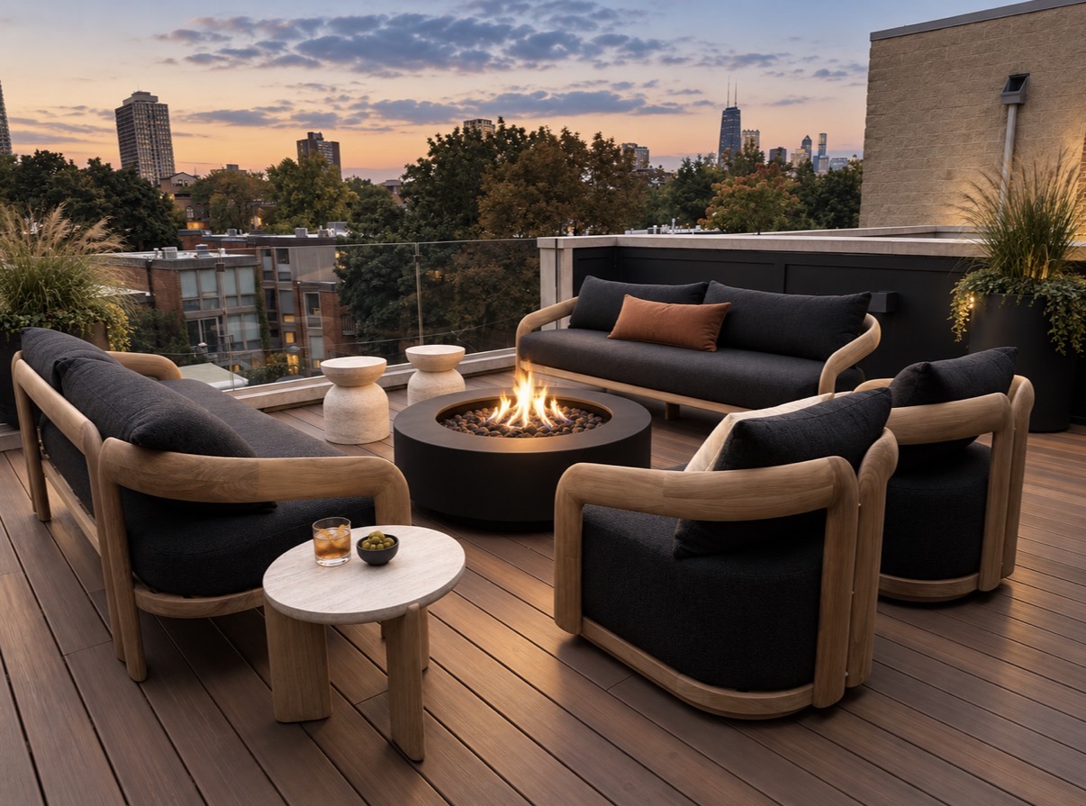 Howe Street terrace at sunset with teak seating and a glowing fire pit