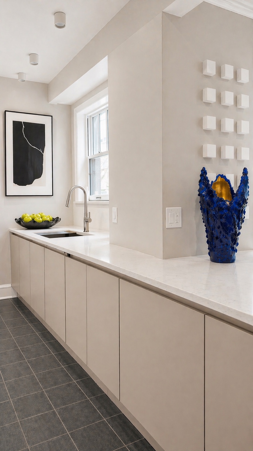 Blue sculptural accent and white wall pieces beside the sink