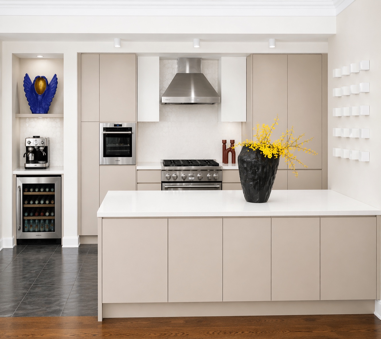 Front view of the kitchen cabinetry and island
